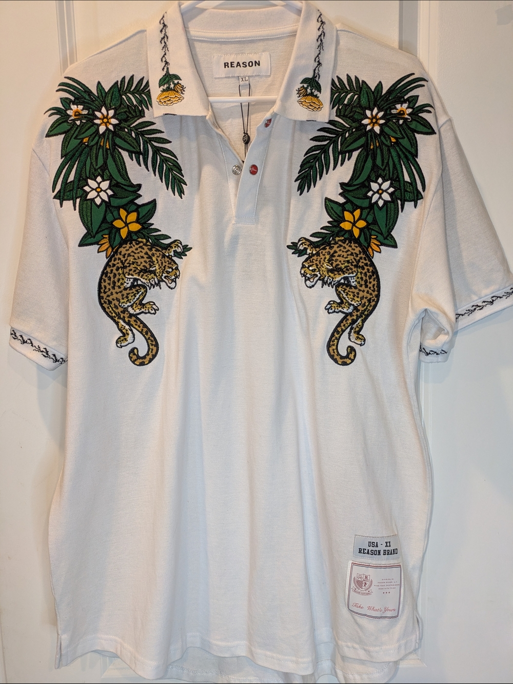 Reason Brand Embroidered Tiger Floral Polo Shirt XL NWT Streetwear